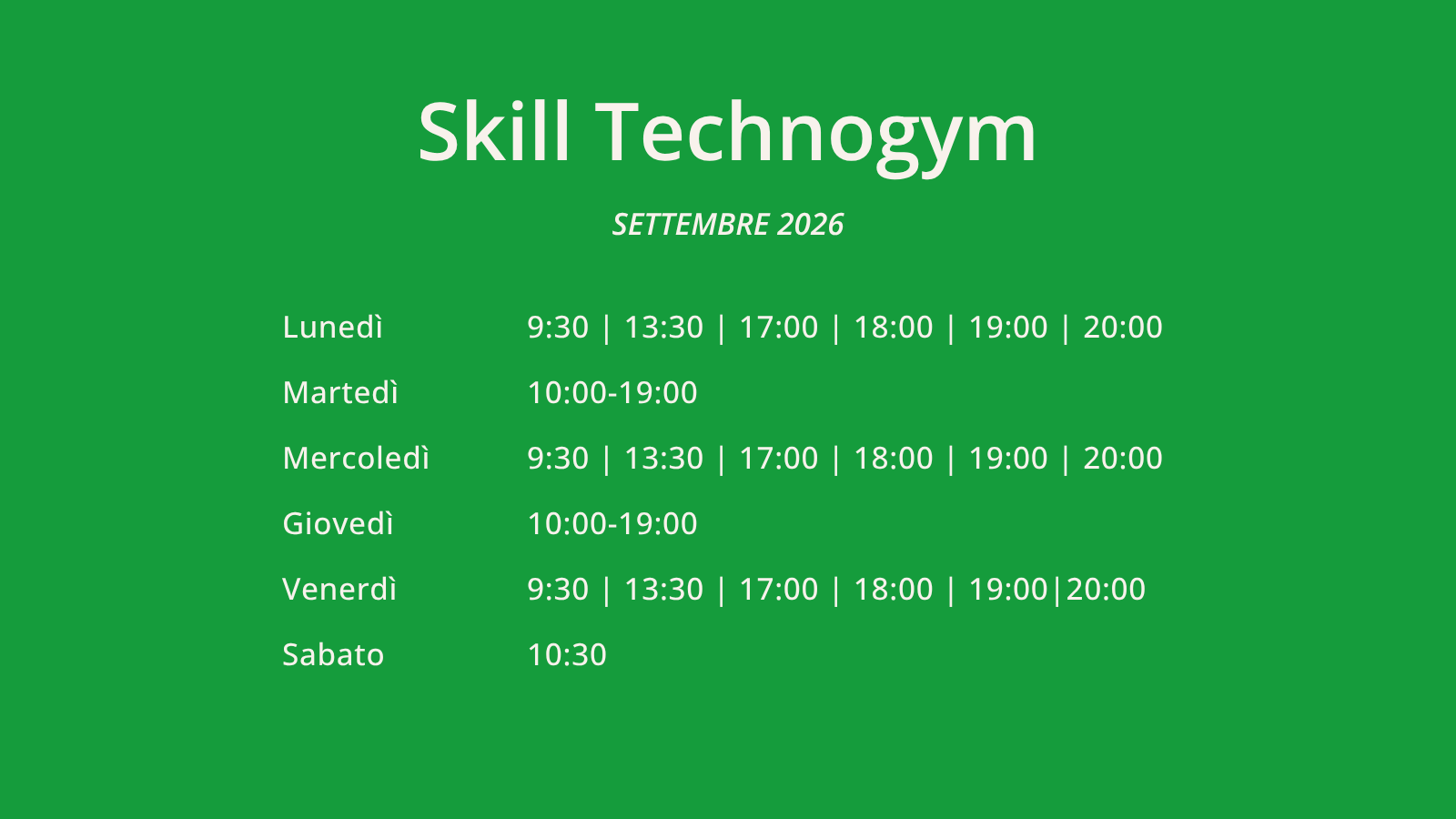 Palinsesto Skill Technogym settembre 2026