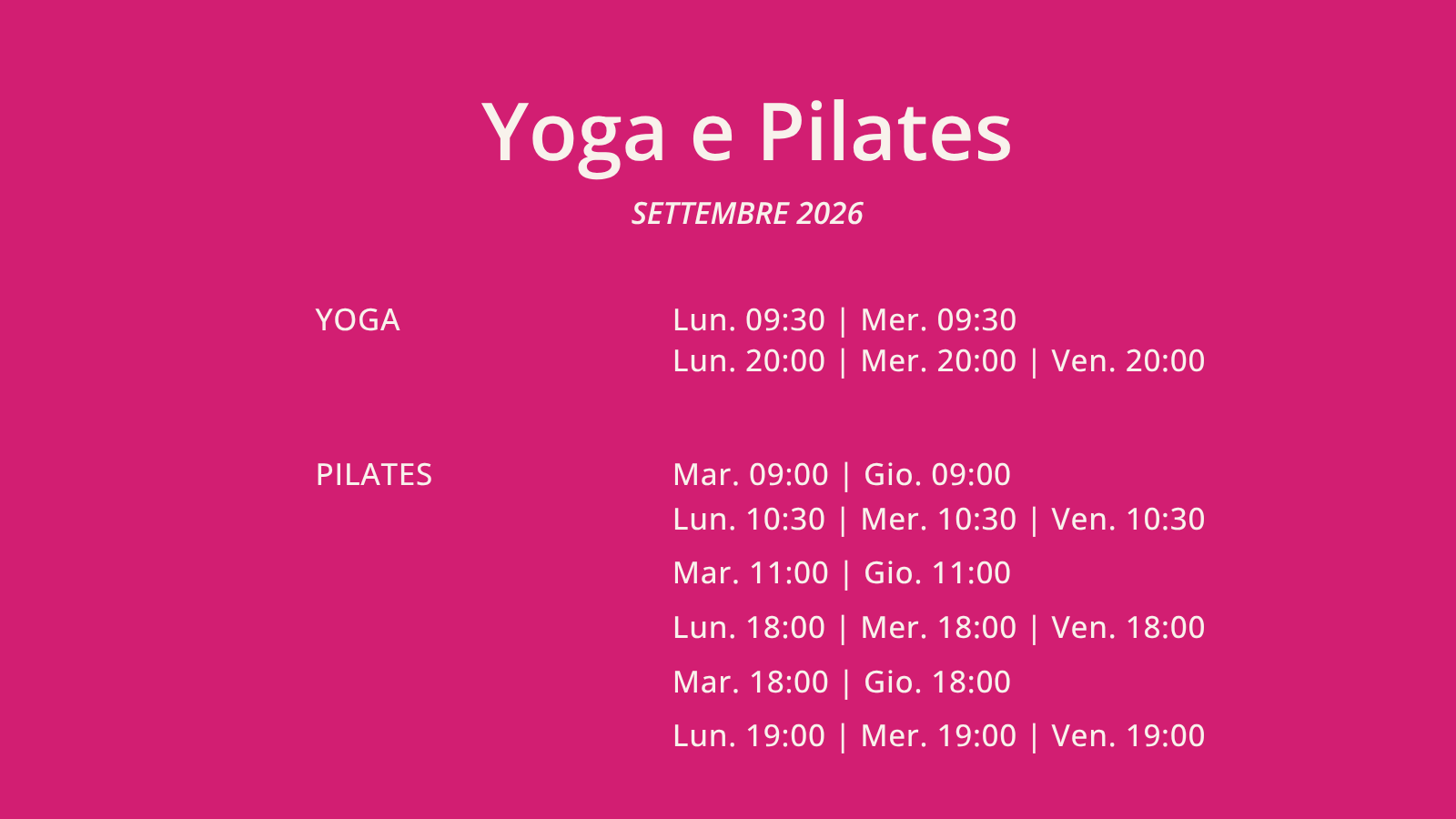 Palinsesto yoga e pilates settembre 2026